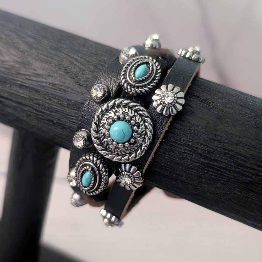 Chunky Statement Bracelet Western Theme Black, Silver Tone, Blue